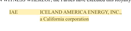 IAE ICELAND AMERICA ENERGY, INC., a California corporation