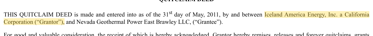 Iceland America Energy, Inc. a California Corporation ("Grantor")